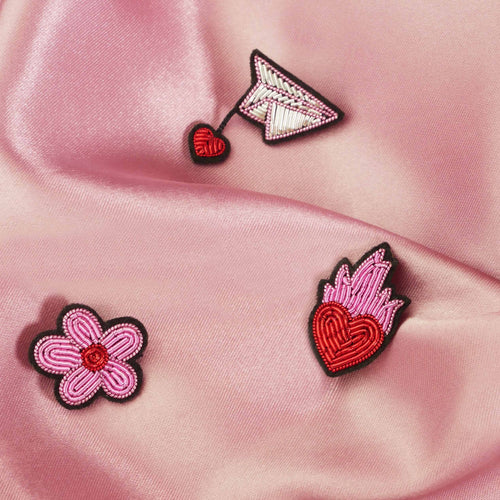 Handmade mini airplane & heart brooch with cranberry embroidery