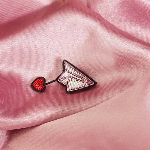 Handmade mini airplane & heart brooch with cranberry embroidery