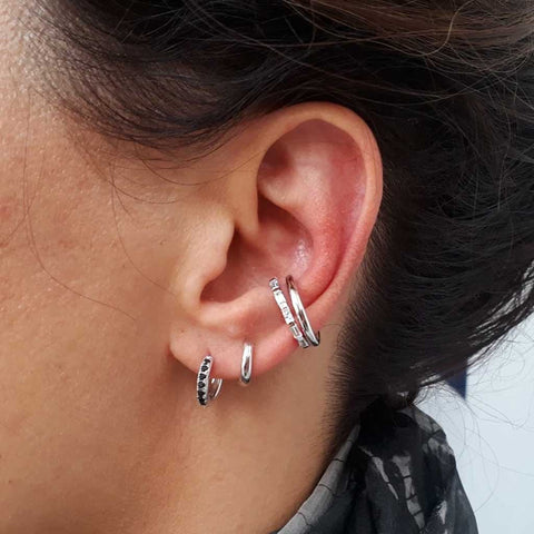 Silver Huggie Hoop Earrings With Black Stones